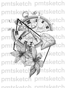 Shaded broken Clock / Diamond / Flowers