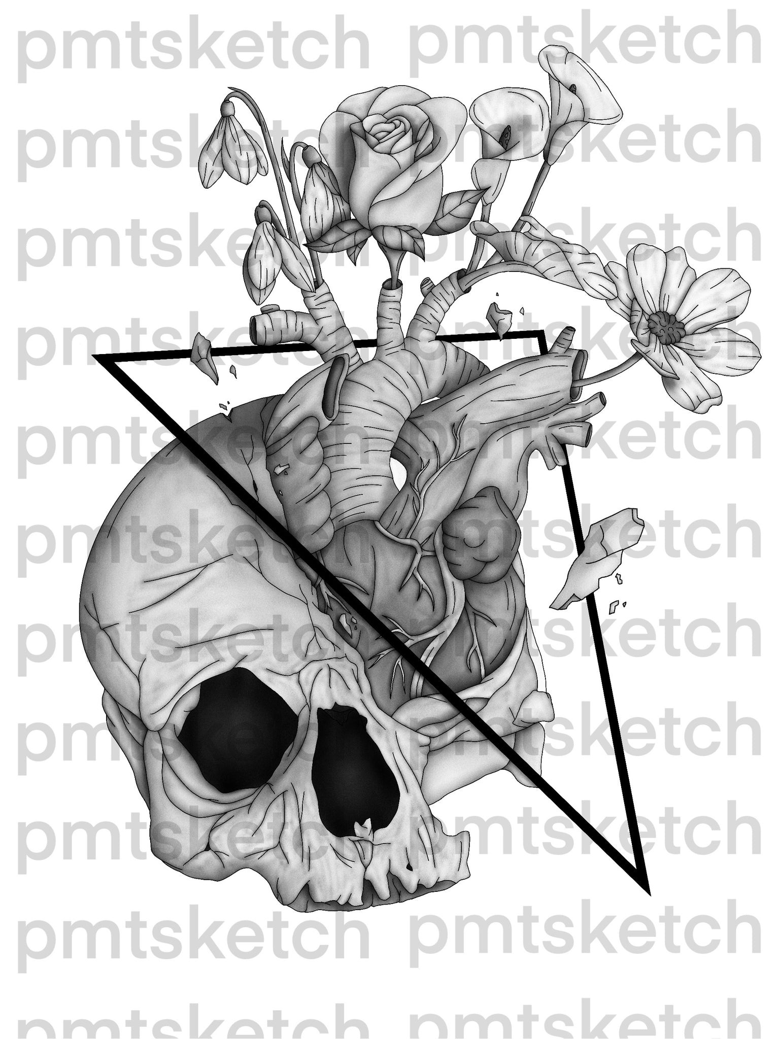 Shaded Skull / Human Heart / Flowers